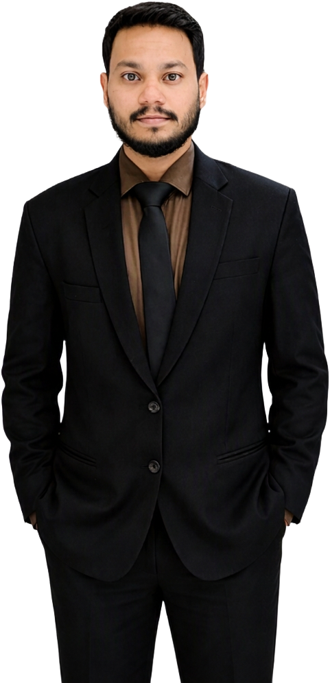 Chetan Prabhu, product marketer, in a black suit
